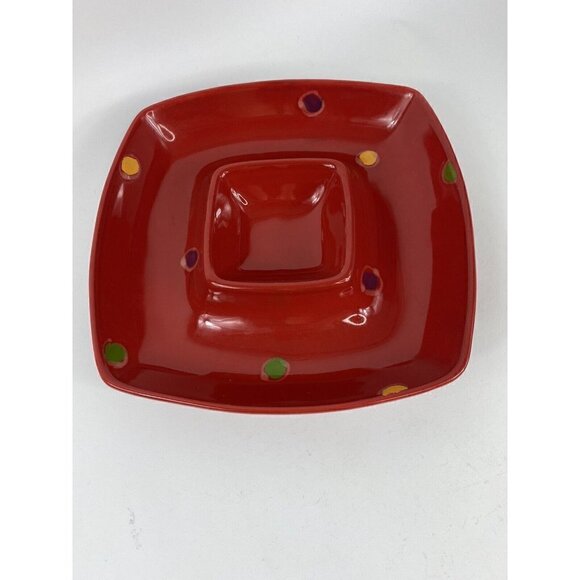 Vietri Chip & Dip pottery Serving Bowl Dinner Party Red With Color Dots - Picture 4 of 12